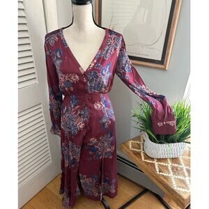 Free People Red and Purple Wrap Sundress with Bishop Sleeves